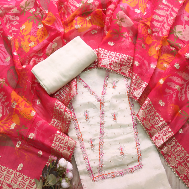 Alvida Ivory Cream Embroidery with Moti Neck Shimmer Tissue Silk Suit Set