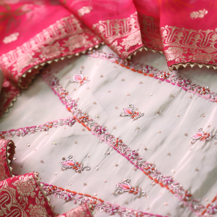 Alvida Ivory Cream Embroidery with Moti Neck Shimmer Tissue Silk Suit Set