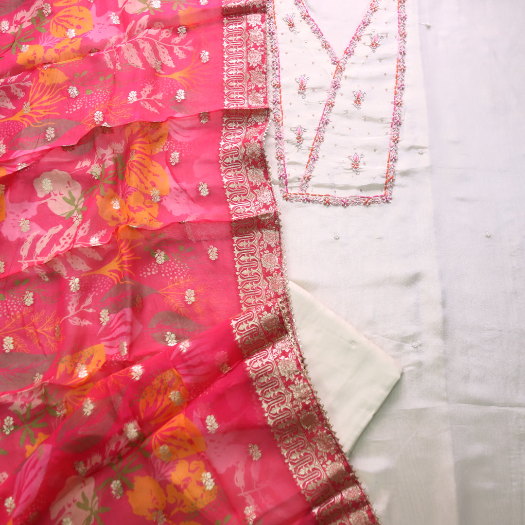 Alvida Ivory Cream Embroidery with Moti Neck Shimmer Tissue Silk Suit Set