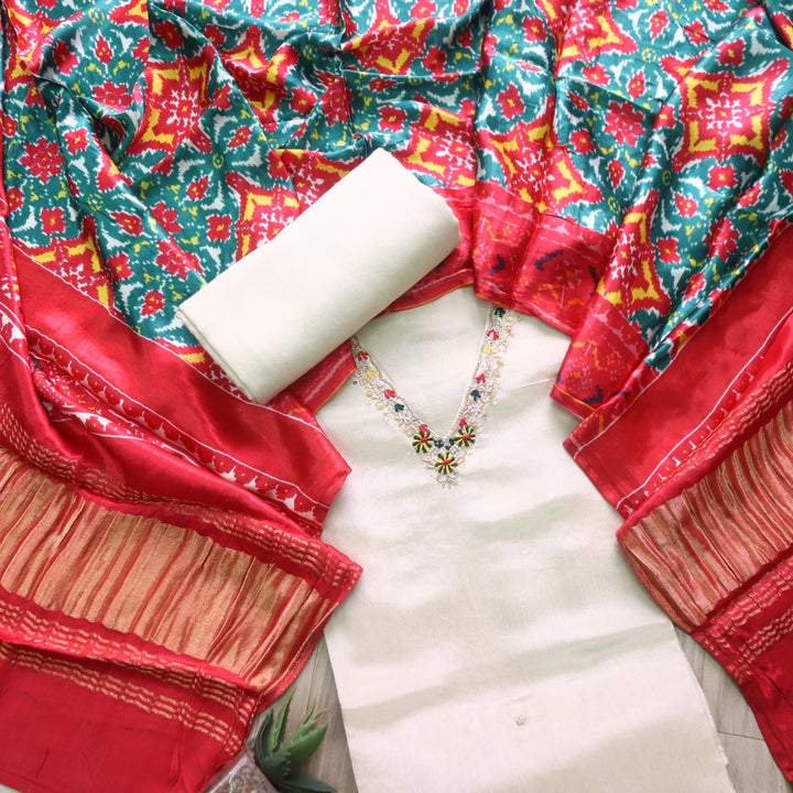 Aafreen Ivory Cream V Embroidery with Moti Neck Shimmer Tissue Silk Suit Set