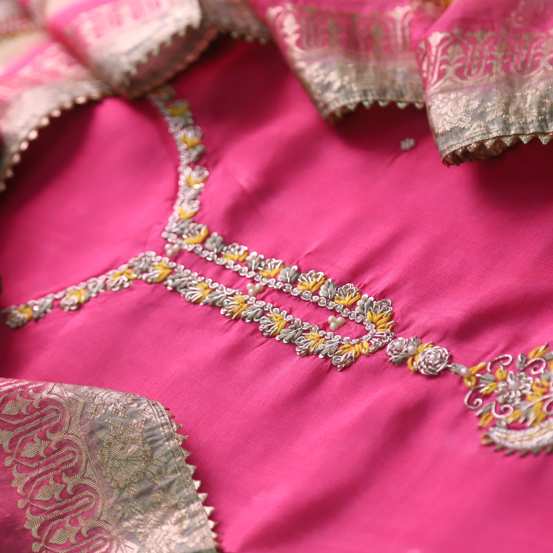 Alvida Blush Pink Thread Embroidery Neckline in Dola Silk Suit Set