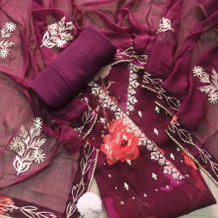 Bayann Plum Purple Embellished Neck Work Floral Printed Organza Suit Set