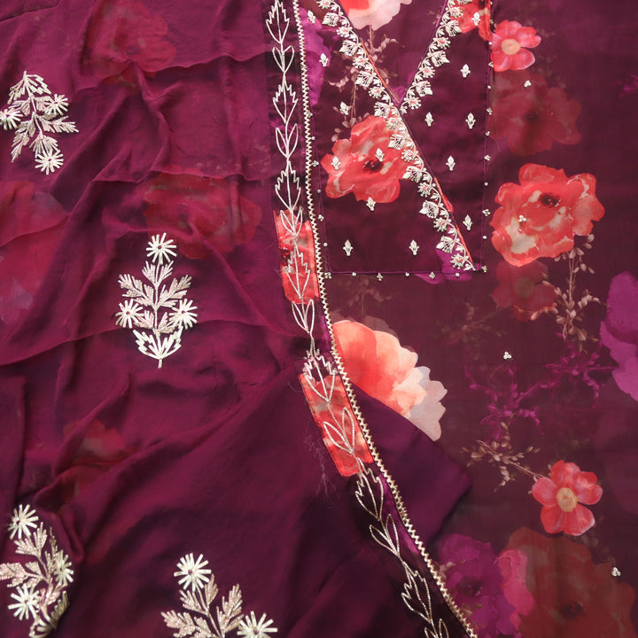 Bayann Plum Purple Embellished Neck Work Floral Printed Organza Suit Set