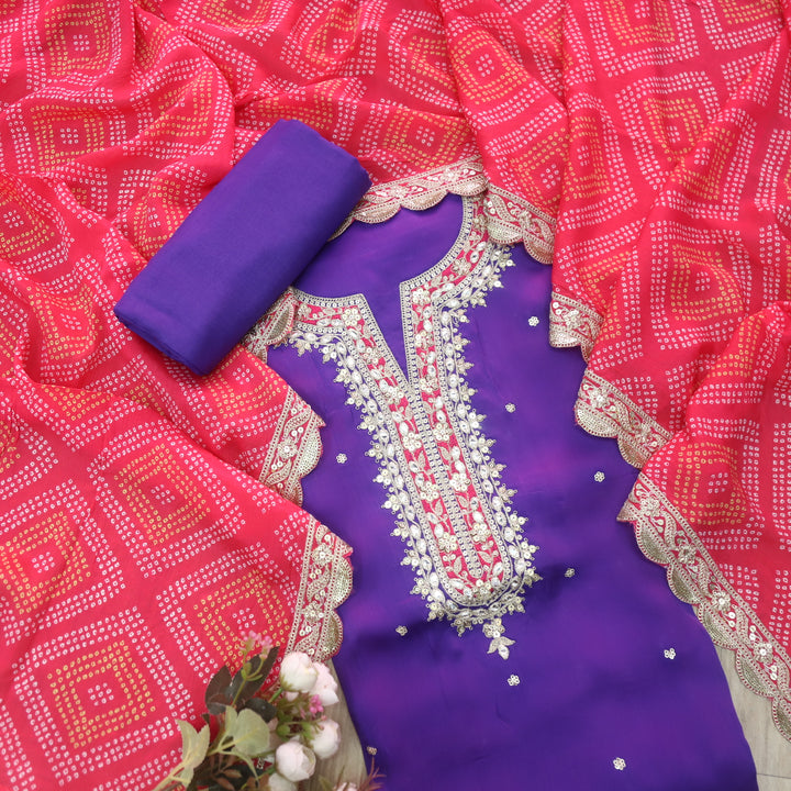 Alhada Crimson Purple Zari Embroidery Neck Work Organza Silk Suit Set