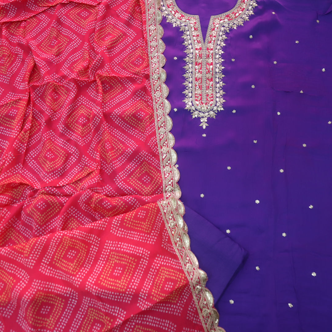 Alhada Crimson Purple Zari Embroidery Neck Work Organza Silk Suit Set