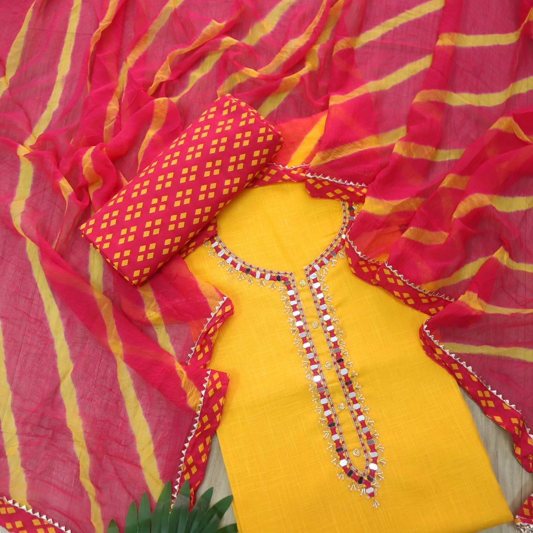 Noor Sunflower Yellow Mirror with Thread Detailing Cotton Linen Suit Set