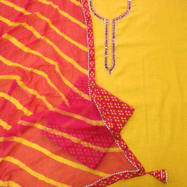 Noor Sunflower Yellow Mirror with Thread Detailing Cotton Linen Suit Set