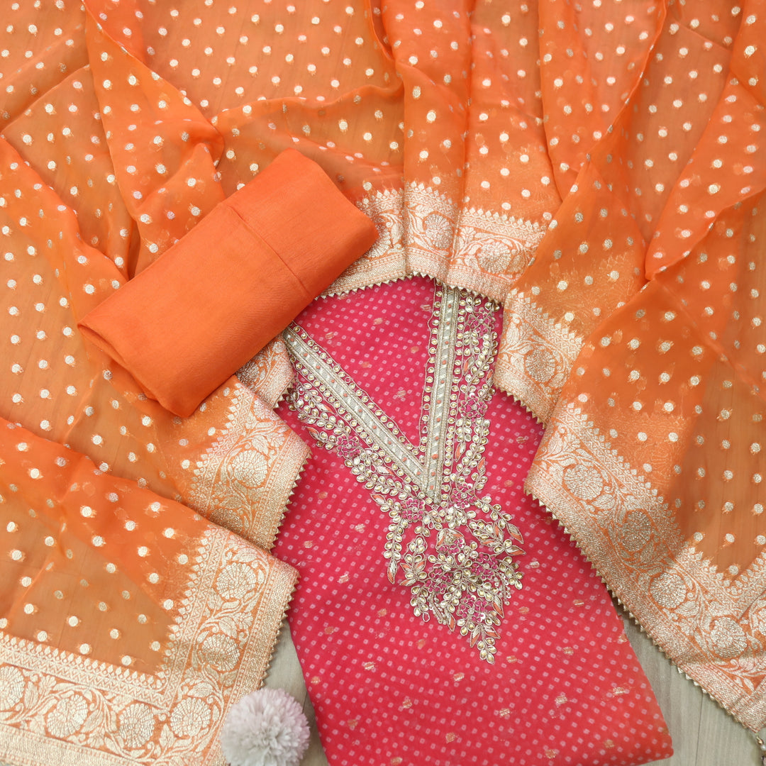 Inaayat Crimson Pink V Embellish Neck Bandani Print Organza Suit Set