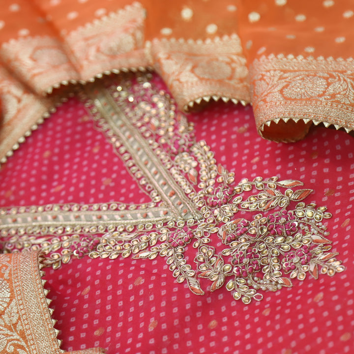 Inaayat Crimson Pink V Embellish Neck Bandani Print Organza Suit Set