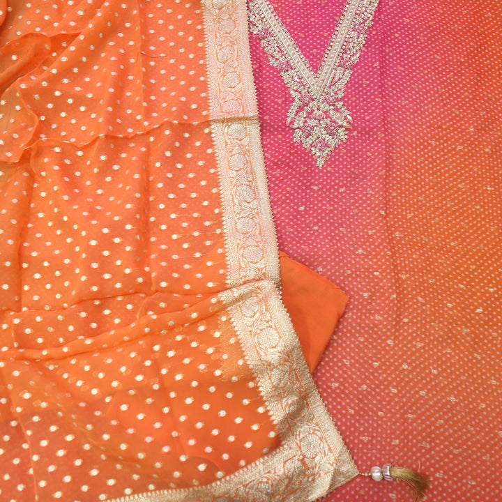 Inaayat Crimson Pink V Embellish Neck Bandani Print Organza Suit Set