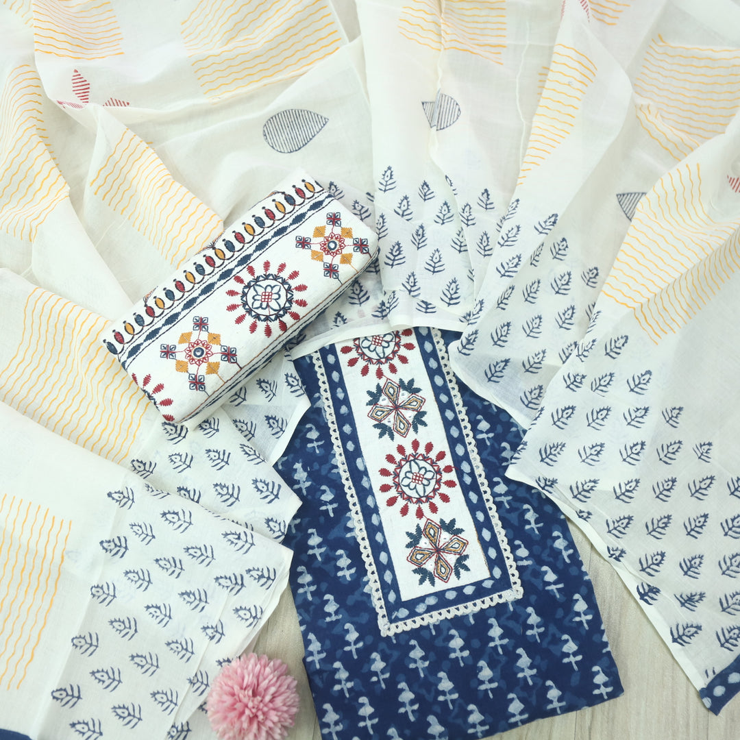 Udarri Indigo Blue Patch Work Dabu Printed Kutch Cotton Suit Set D7