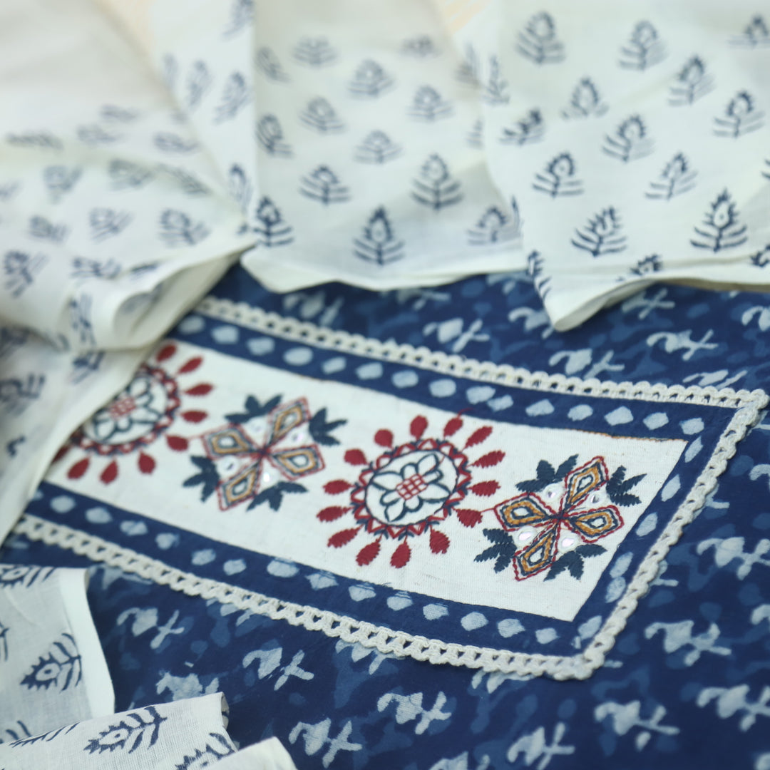 Udarri Indigo Blue Patch Work Dabu Printed Kutch Cotton Suit Set D7