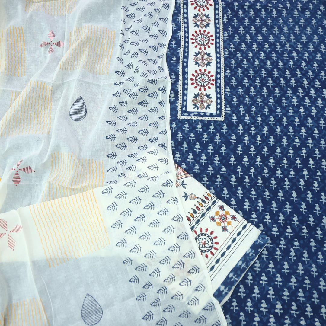 Udarri Indigo Blue Patch Work Dabu Printed Kutch Cotton Suit Set D7