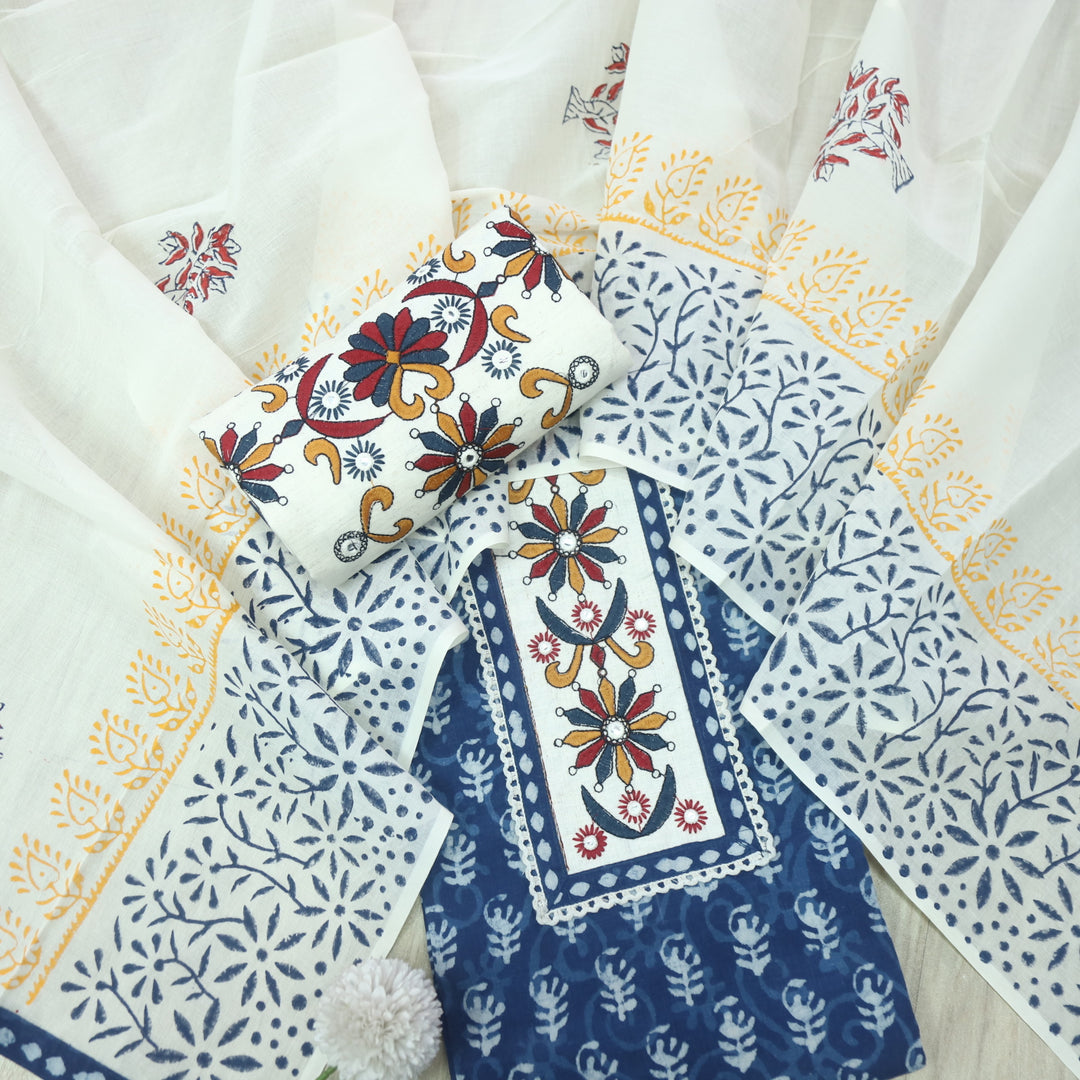 Udarri Indigo Blue Patch Work Dabu Printed Kutch Cotton Suit Set-D8