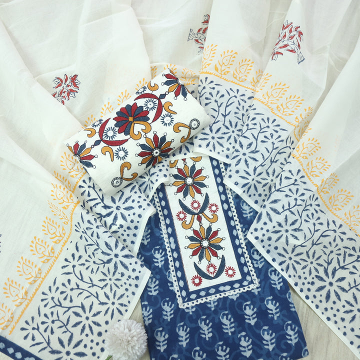 Udarri Indigo Blue Patch Work Dabu Printed Kutch Cotton Suit Set-D8