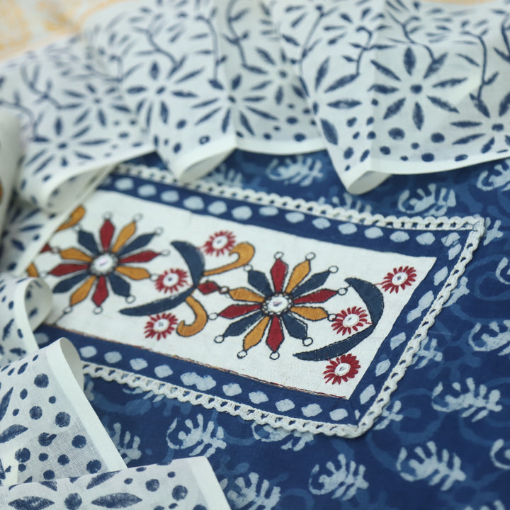 Udarri Indigo Blue Patch Work Dabu Printed Kutch Cotton Suit Set-D8