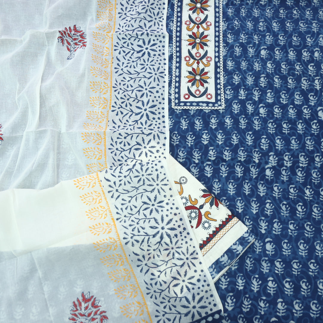 Udarri Indigo Blue Patch Work Dabu Printed Kutch Cotton Suit Set-D8