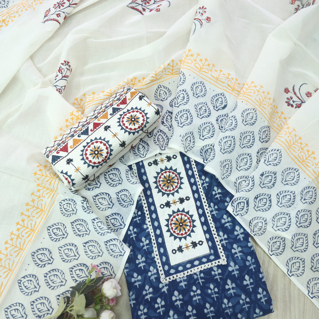 Udarri Indigo Blue Patch Work Dabu Printed Kutch Cotton Suit Set-D9