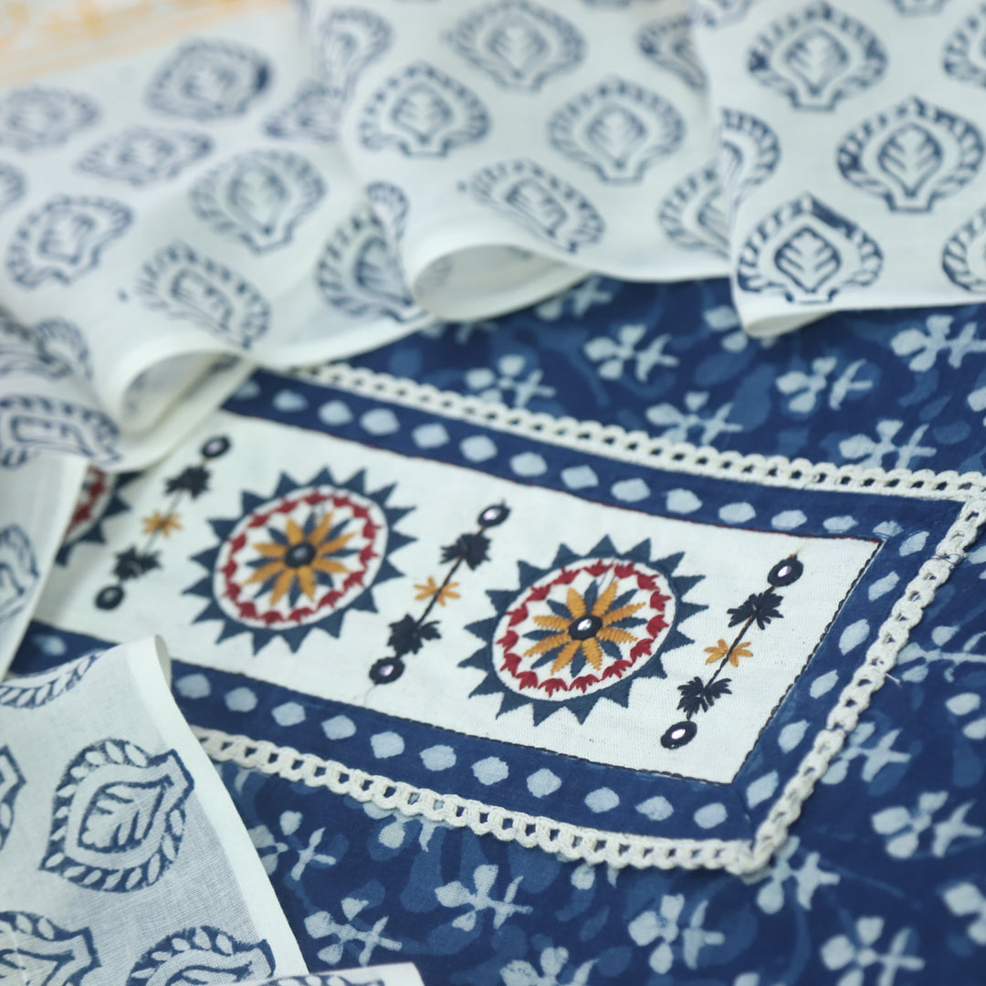 Udarri Indigo Blue Patch Work Dabu Printed Kutch Cotton Suit Set-D9