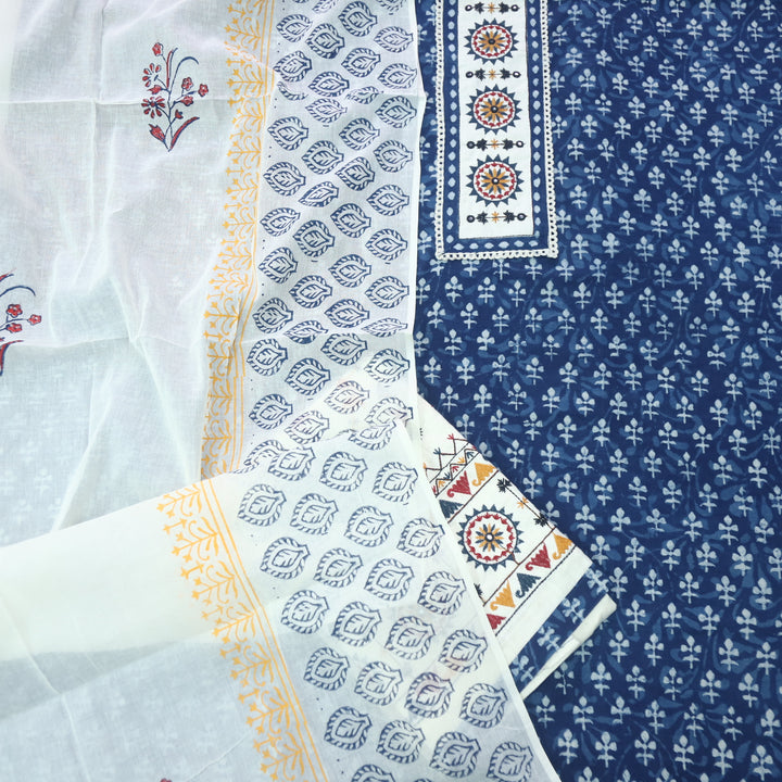 Udarri Indigo Blue Patch Work Dabu Printed Kutch Cotton Suit Set-D9
