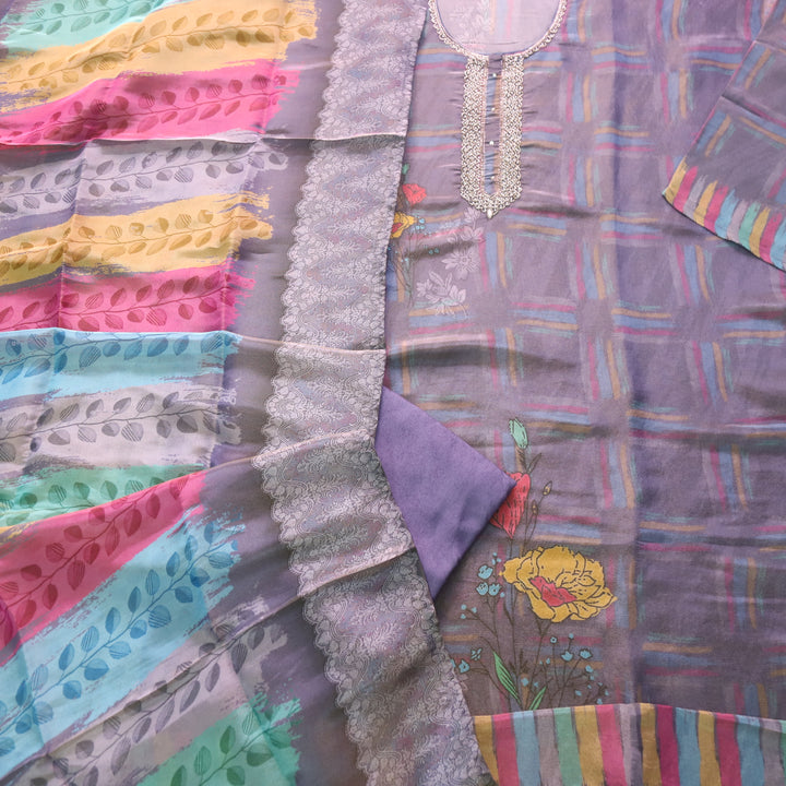 Falak Purplish Grey Embellished Neck Work in Shimmer Tissue Silk Suit Set