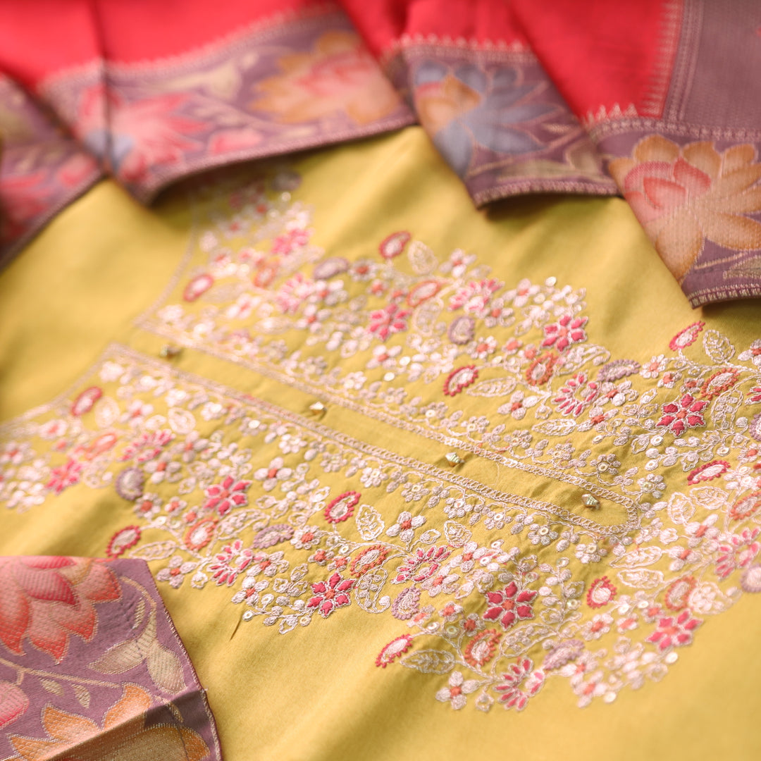 Alvida Canary Yellow Thread Embroidery Neck Dola Silk Suit with Pink Dupatta Set