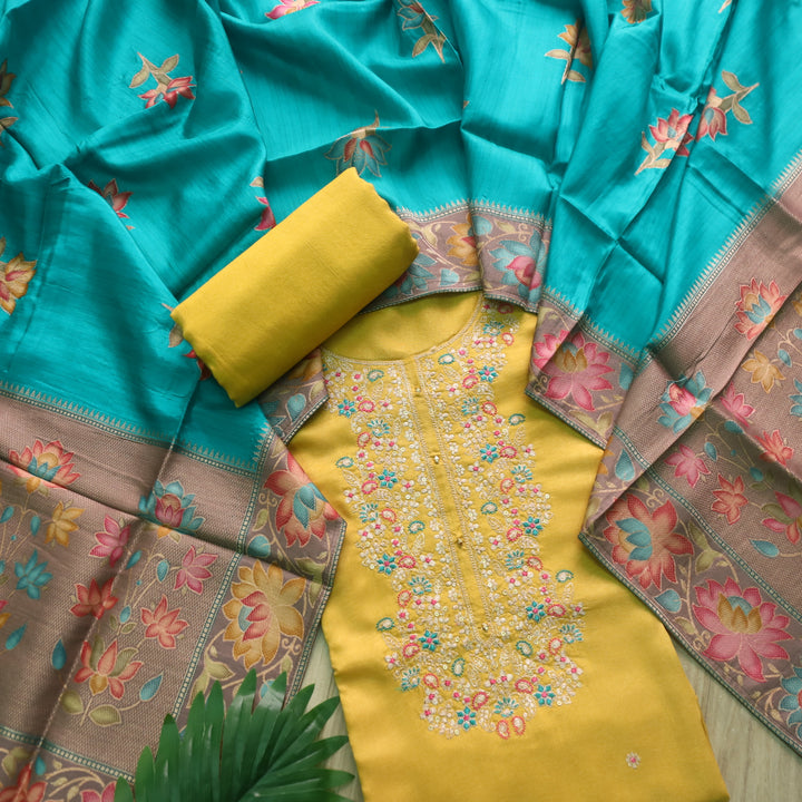 Alvida Canary Yellow Thread Embroidery Neck Dola Silk Suit with Blue Dupatta Set