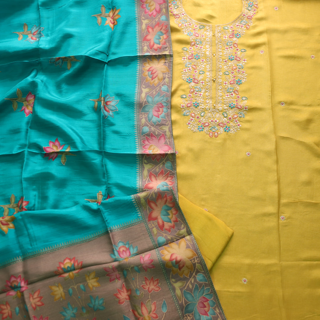 Alvida Canary Yellow Thread Embroidery Neck Dola Silk Suit with Blue Dupatta Set