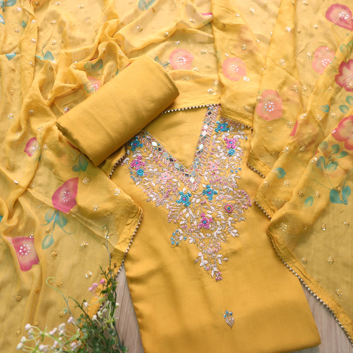 Alvida Dandelion Yellow Designer Neckline with Mirror Dola Silk Suit Set