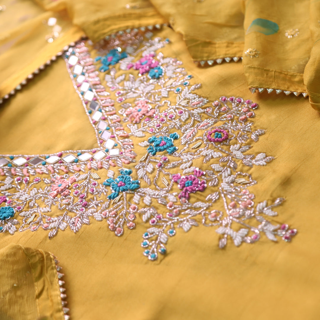 Alvida Dandelion Yellow Designer Neckline with Mirror Dola Silk Suit Set