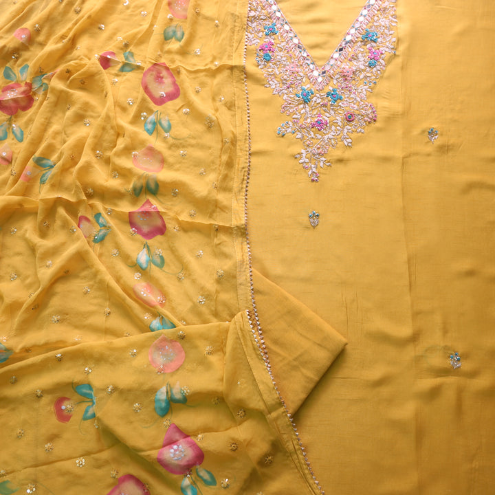 Alvida Dandelion Yellow Designer Neckline with Mirror Dola Silk Suit Set