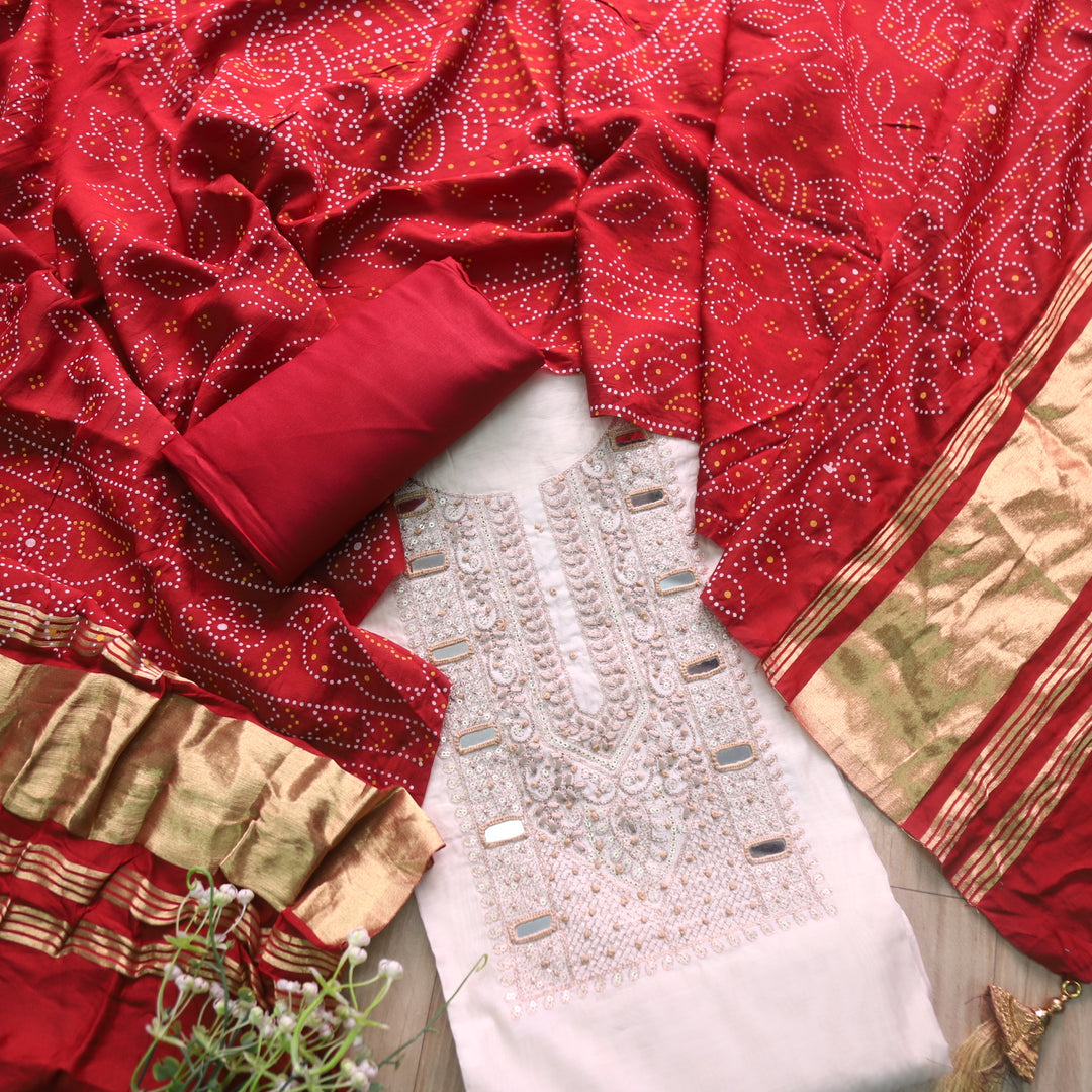 Rahi Cream White Zari with Mirror Work Neck Chanderi and Red Gajji Silk Dupatta