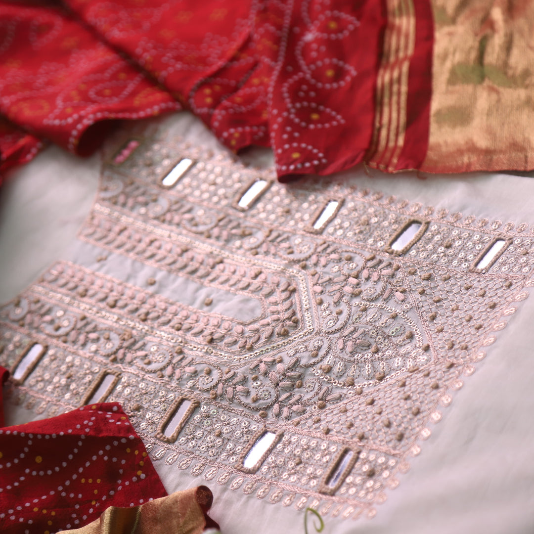 Rahi Cream White Zari with Mirror Work Neck Chanderi and Red Gajji Silk Dupatta