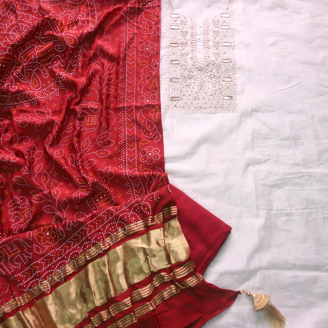 Rahi Cream White Zari with Mirror Work Neck Chanderi and Red Gajji Silk Dupatta