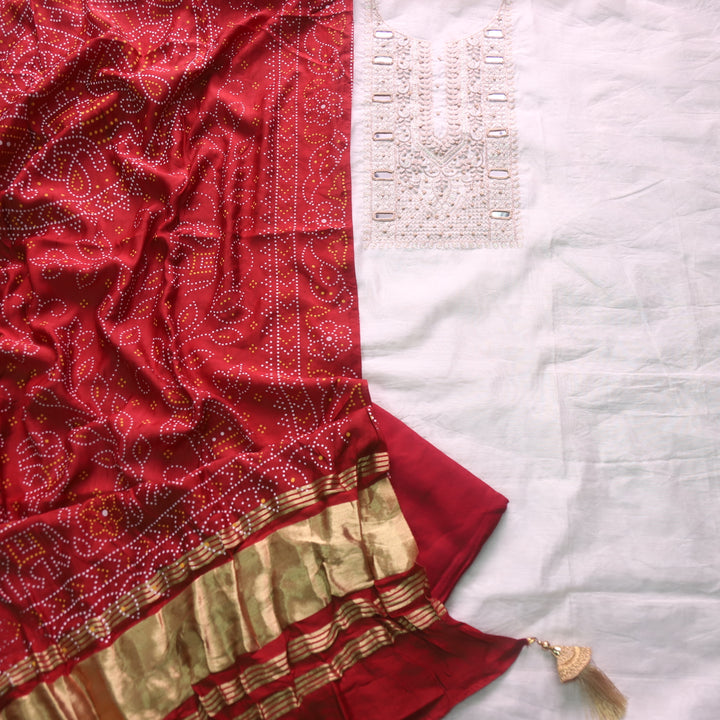Rahi Cream White Zari with Mirror Work Neck Chanderi and Red Gajji Silk Dupatta