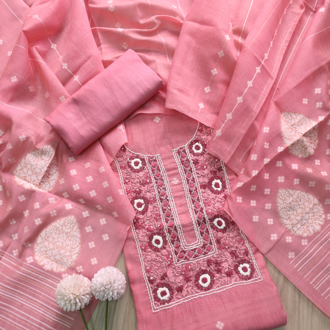 Surya Candy Pink Thread Neck Work Jamdani Weaved Suit Set