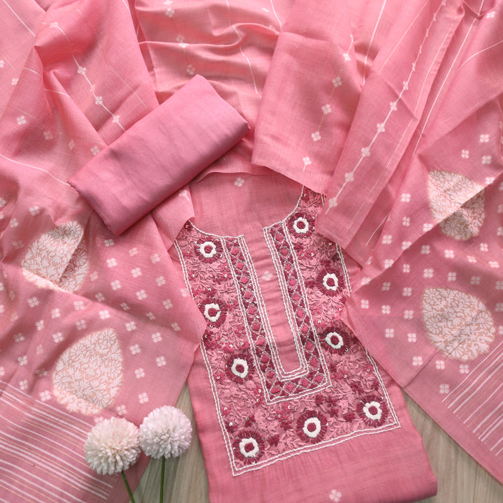 Surya Candy Pink Thread Neck Work Jamdani Weaved Suit Set
