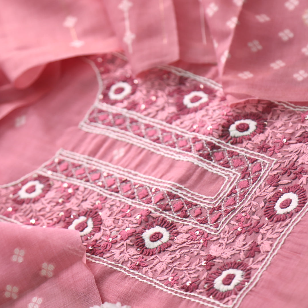 Surya Candy Pink Thread Neck Work Jamdani Weaved Suit Set
