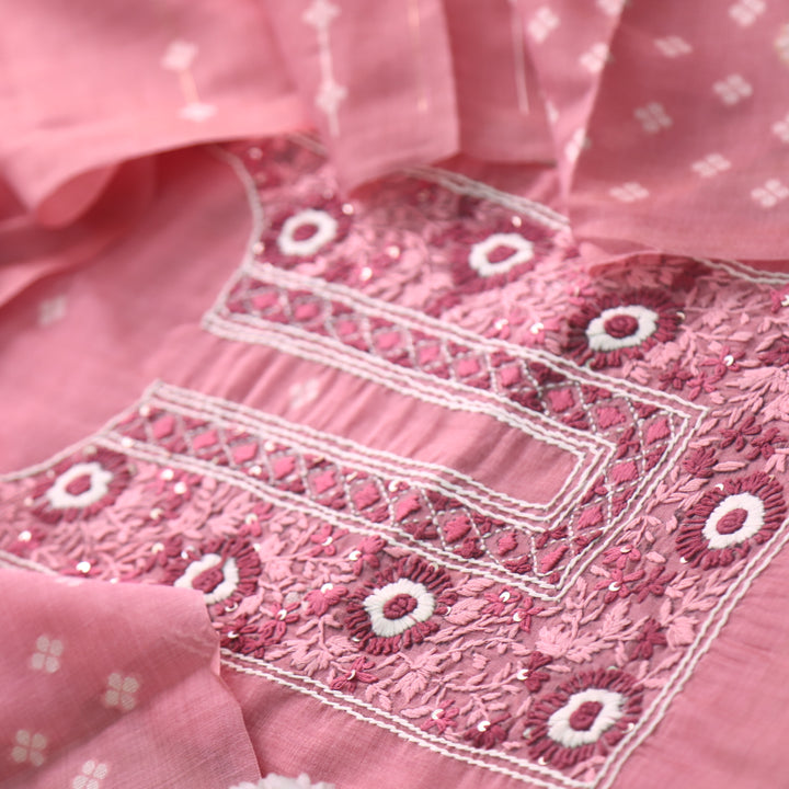 Surya Candy Pink Thread Neck Work Jamdani Weaved Suit Set