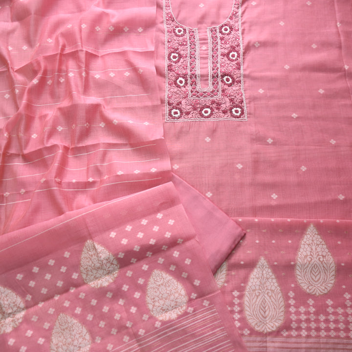 Surya Candy Pink Thread Neck Work Jamdani Weaved Suit Set