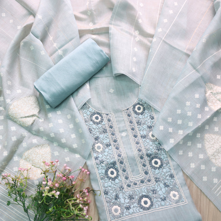 Surya Azure Blue Thread Neck Work Jamdani Weaved Suit Set