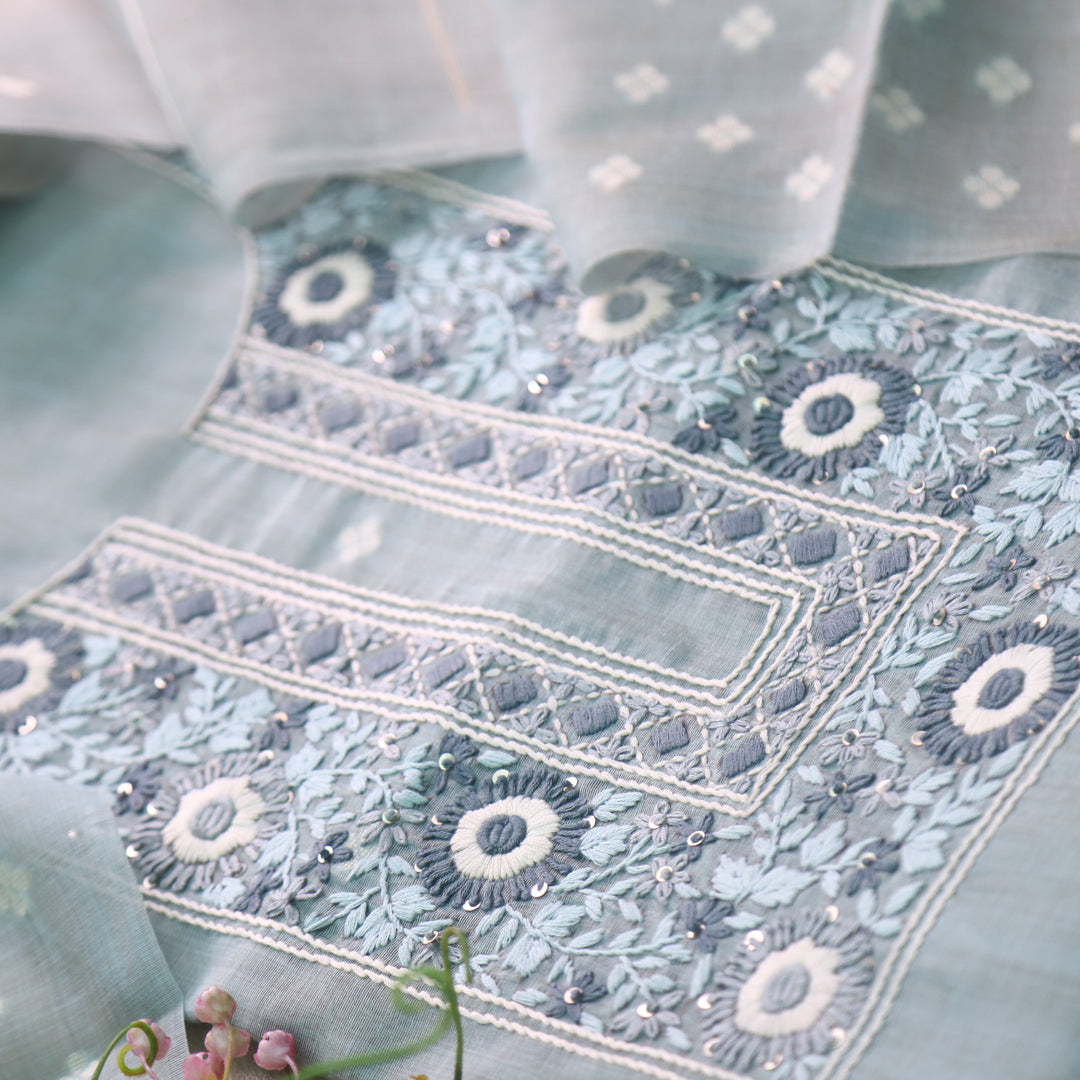 Surya Azure Blue Thread Neck Work Jamdani Weaved Suit Set