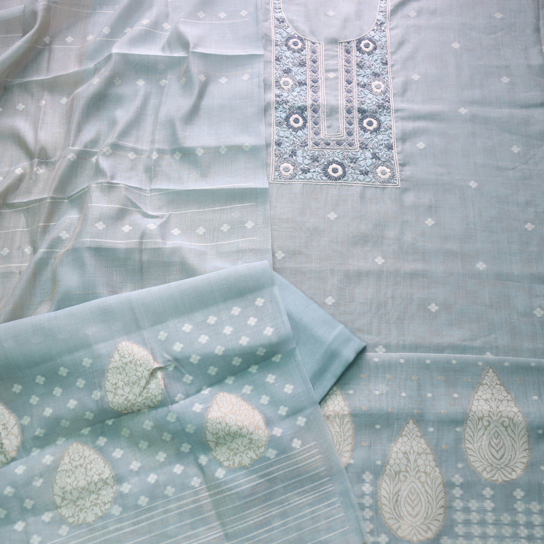 Surya Azure Blue Thread Neck Work Jamdani Weaved Suit Set