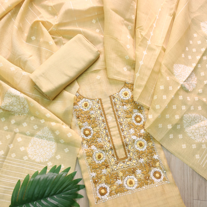 Surya Cornflake Yellow Thread Neck Work Jamdani Weaved Suit Set