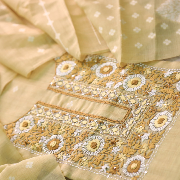 Surya Cornflake Yellow Thread Neck Work Jamdani Weaved Suit Set