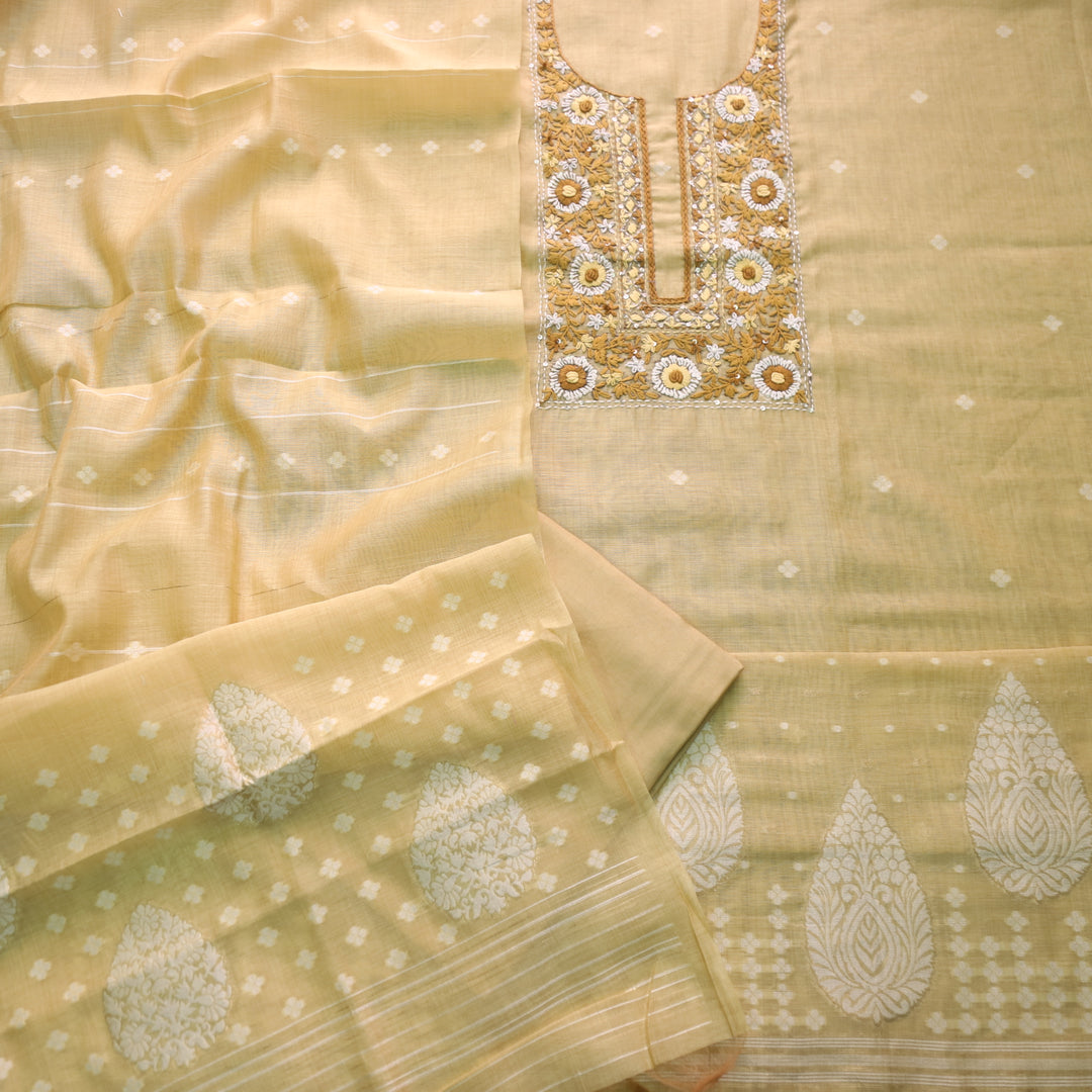 Surya Cornflake Yellow Thread Neck Work Jamdani Weaved Suit Set