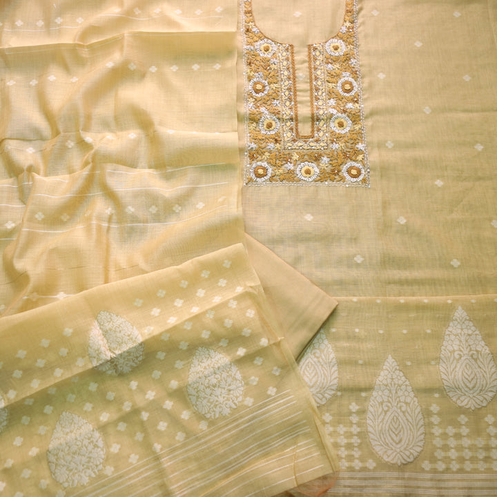 Surya Cornflake Yellow Thread Neck Work Jamdani Weaved Suit Set