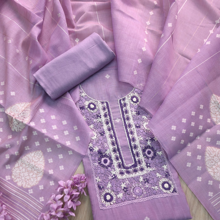 Surya Lavish Lilac Thread Neck Work Jamdani Weaved Suit Set