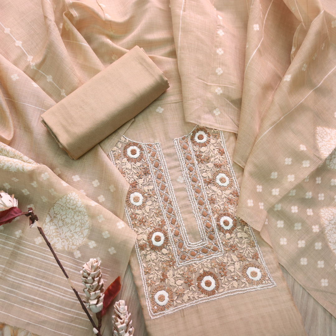 Surya Skin Beige Thread Neck Work Jamdani Weaved Suit Set