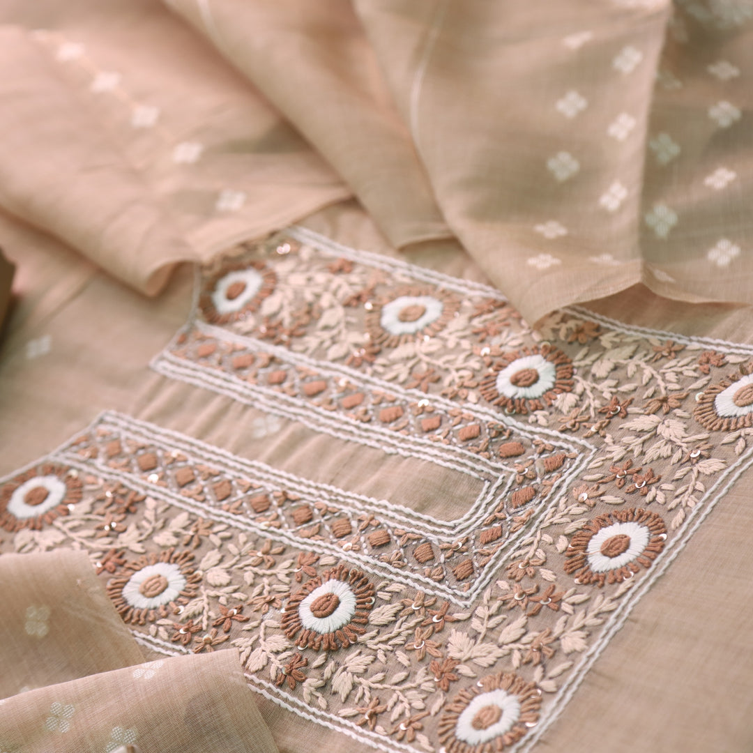 Surya Skin Beige Thread Neck Work Jamdani Weaved Suit Set